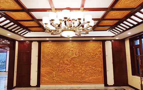 云龙中式别墅客厅中式木作横梁吊顶装饰展示